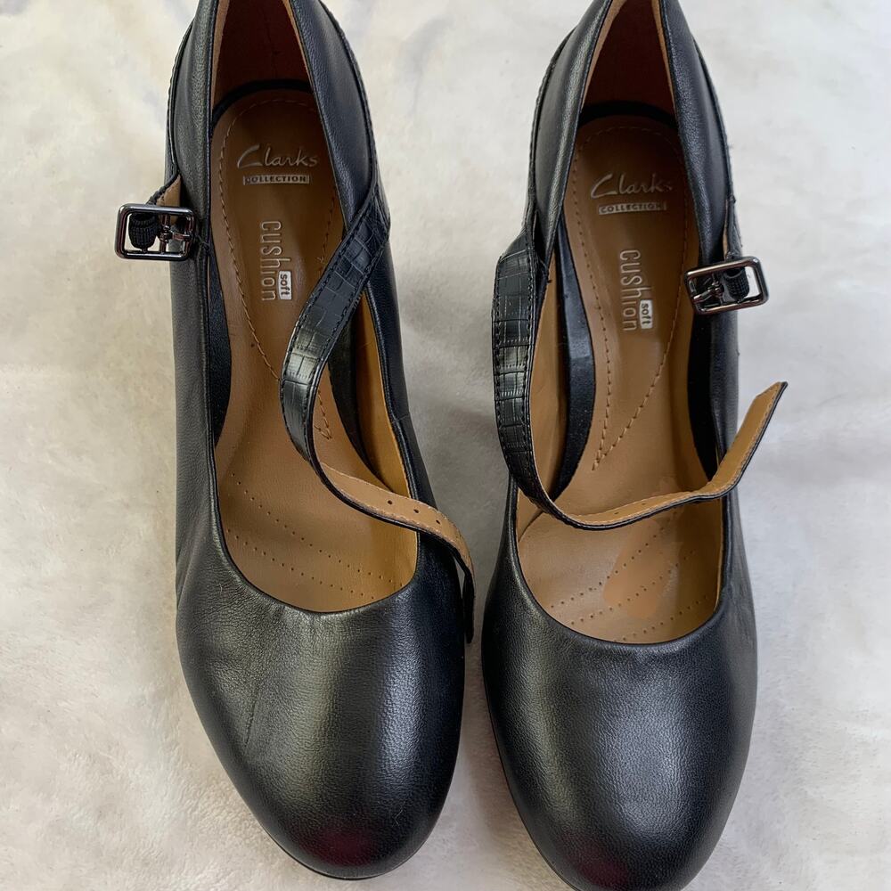Clarks Womens Sz 7 Black Leather Strap Heels Emily 2 Jane Dancing Pumps Shoes - Picture 8 of 8